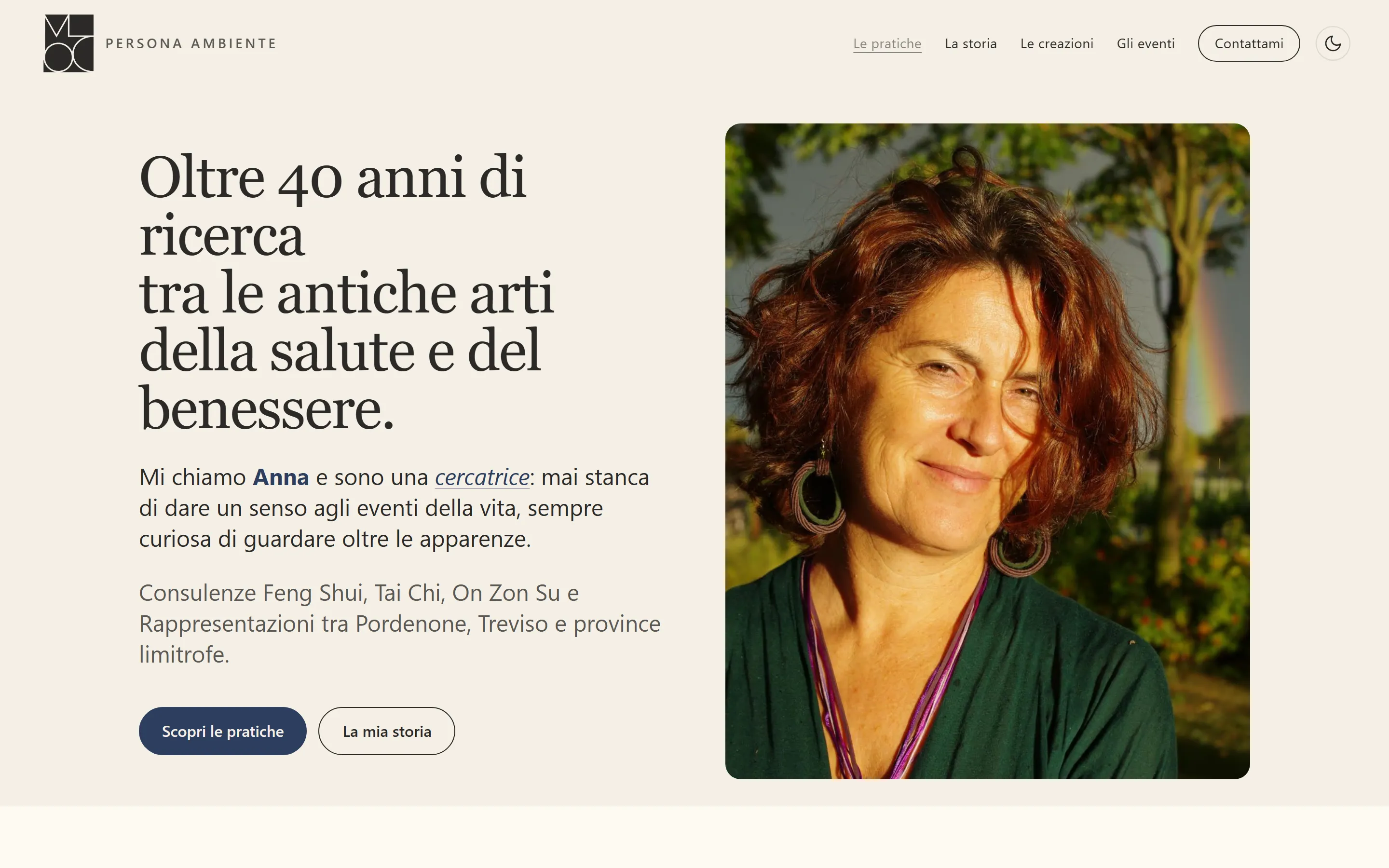 Persona Ambiente homepage on desktop: “Over 40 years of research in the ancient arts of health and wellbeing”, with a portrait of Anna