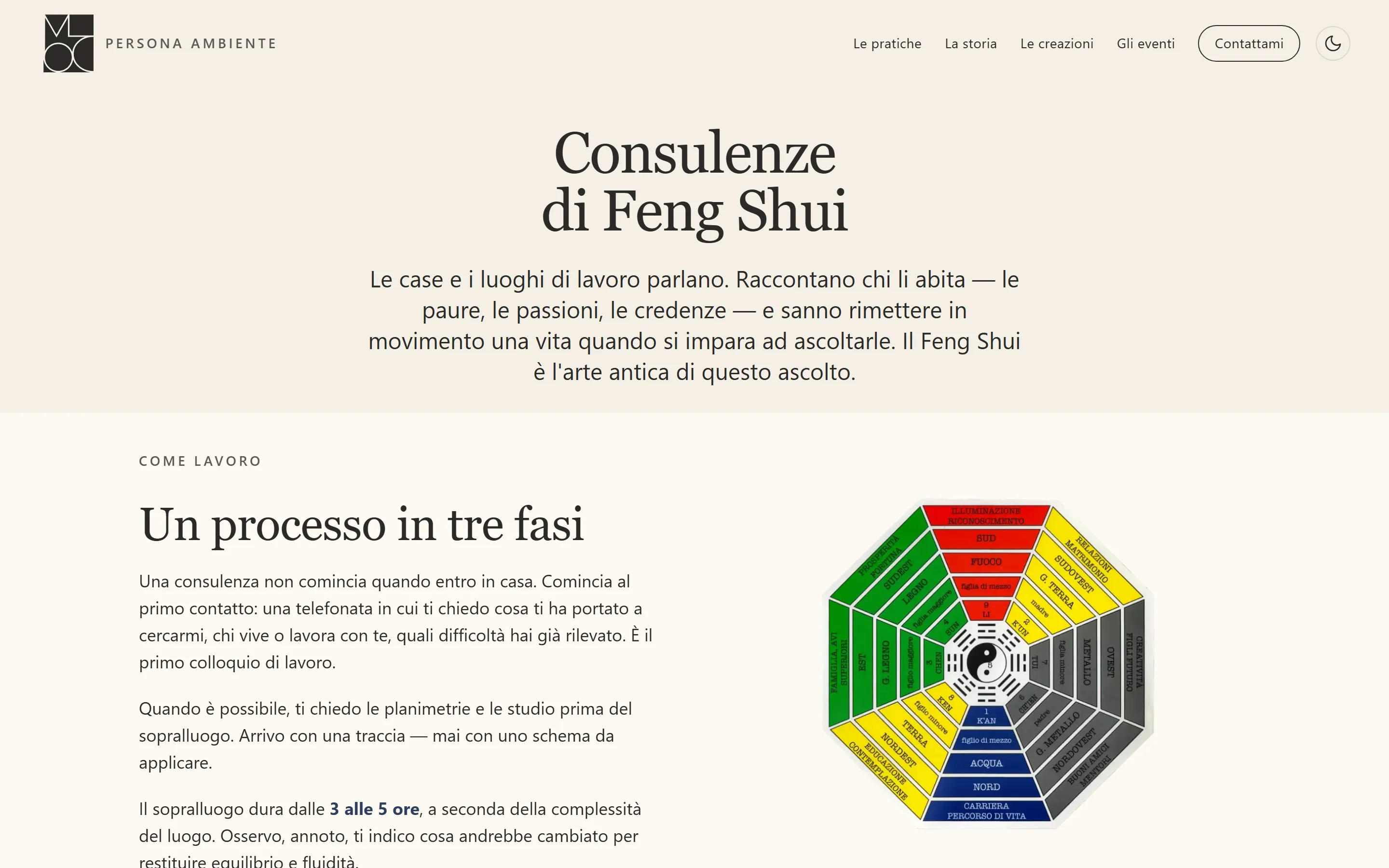 The Feng Shui consultations page of Persona Ambiente on desktop, with the bagua diagram