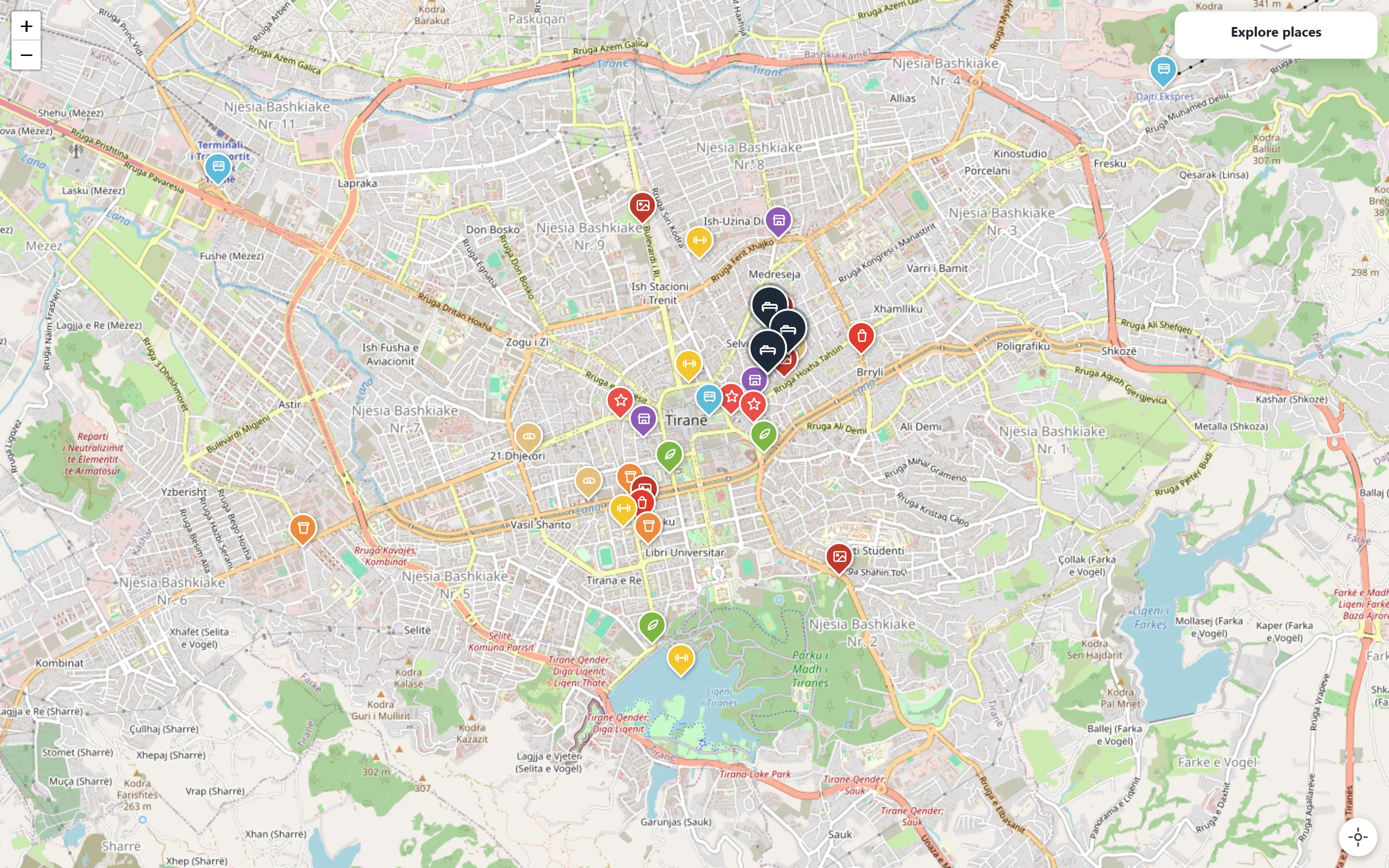 The map of central Tirana on a computer, with coloured pins for the hostels and places around them