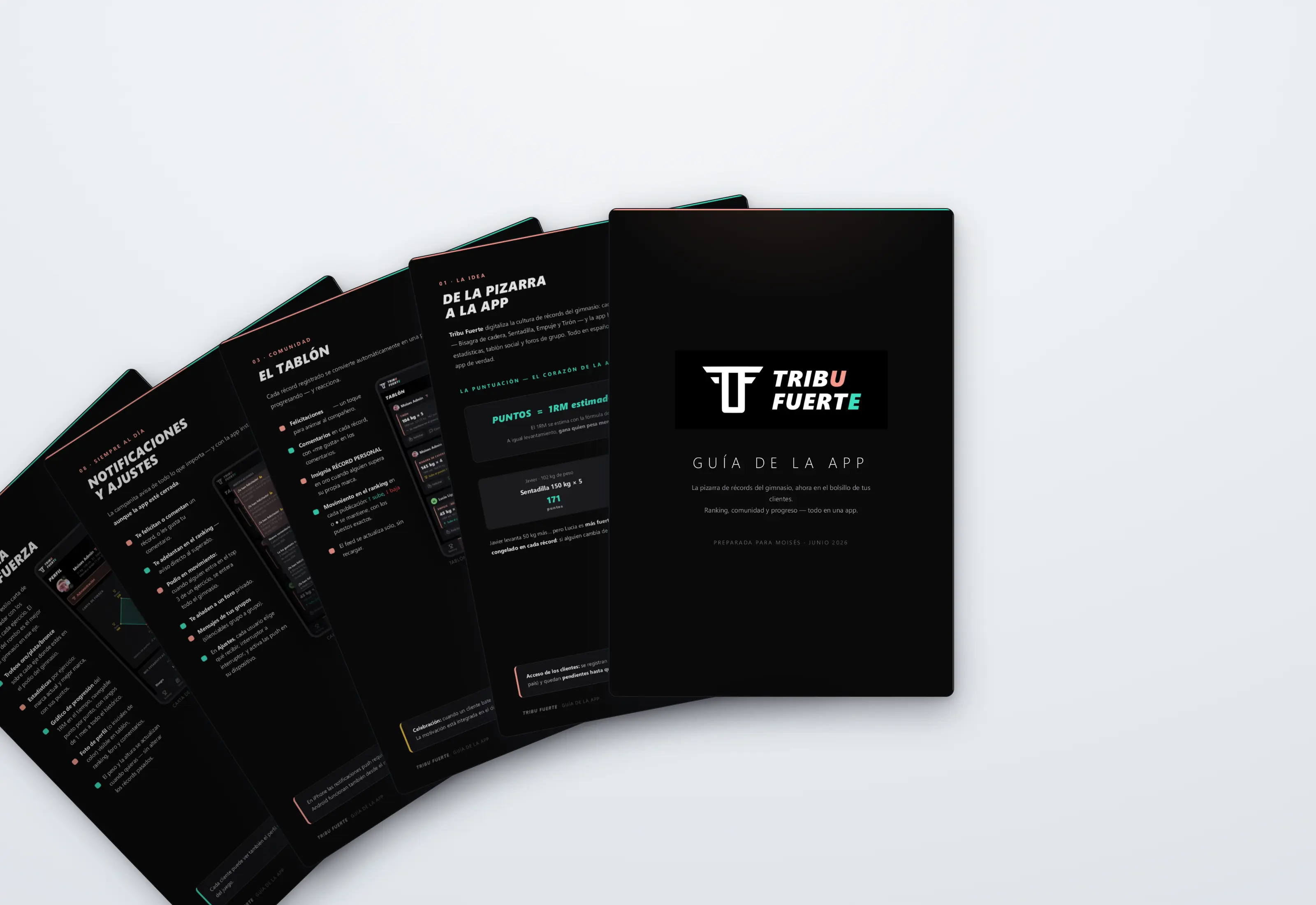Pages of the Tribu Fuerte app guide, dark with teal and coral accents